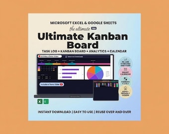 Könnte beinhalten: Werbung für das "Ultimate Kanban Board", kompatibel mit Microsoft Excel und Google Sheets. Das Bild zeigt einen Laptop und ein Tablet, die die Kanban-Board-Oberfläche mit Diagrammen und Aufgabenprotokollen anzeigen. Der Text enthält "Sofortiger Download" und "Einfach zu bedienen".
