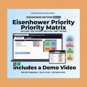 May include: Digital product image featuring the Eisenhower Priority Matrix for Microsoft Excel and Google Sheets. The design includes a laptop and tablet displaying the matrix, with the text "includes a Demo Video". Additional features include auto-priority scoring and a burnout risk meter.