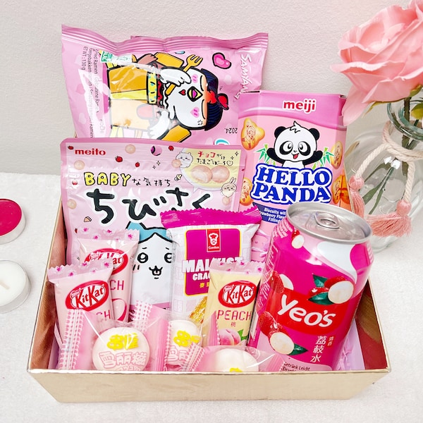 Snacks asiatiques roses + Stickers gratuits Boîte à goûter Sélection asiatique sucré-salé Boîte de fête de bonbons japonais Snacks exotiques Idées cadeaux Kawaii