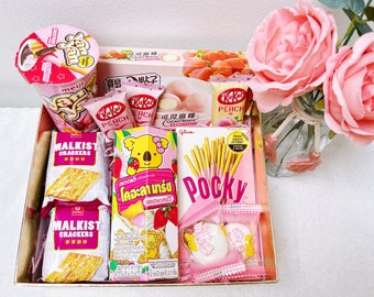 Snacks asiatiques roses + Stickers gratuits Boîte à goûter Sélection asiatique sucré-salé Boîte de fête de bonbons japonais Snacks exotiques Idées cadeaux Kawaii