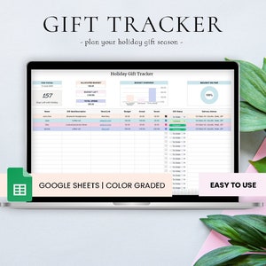 May include: A screenshot of a Google Sheet spreadsheet with a holiday gift tracker. The spreadsheet is color-coded and includes columns for name, gift idea description, store link, budget, actual, saved, gift status, and delivery address. The spreadsheet also includes a budget overview and a section for tracking how much has been bought so far. The text "GOOGLE SHEETS | COLOR GRADED" and "EASY TO USE" are displayed at the bottom of the spreadsheet.