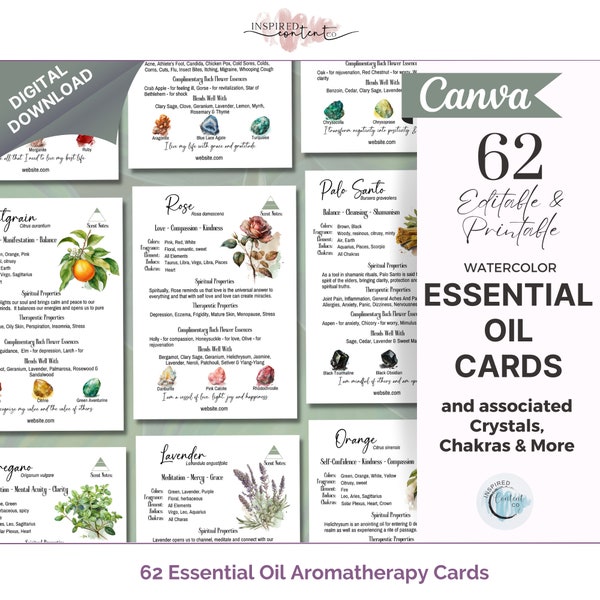 62 tarjetas de aceites esenciales: colección de tarjetas de aromaterapia imprimibles, tarjetas de hierbas editables en Canva, plantas botánicas de acuarela y tarjetas de cristal