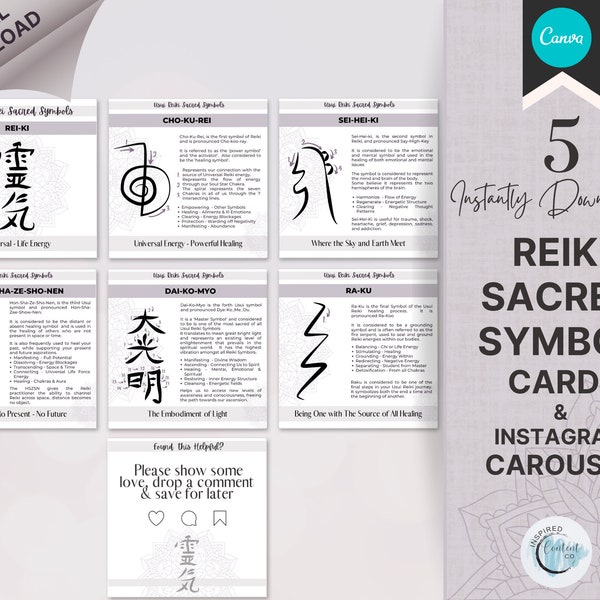 5 Reiki-symbolenkaarten, Usui Reiki-symbolen, bewerkbare Reiki-symboolkaarten, Reiki Healing-kaarten, Cho Ku Rei, Sei Hei Ki, Hon Sha Ze Sho Nen