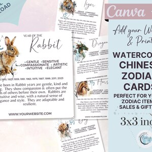 12 Chinese Zodiac Printable Cards Watercolor Chinese Horoscope Cards ...