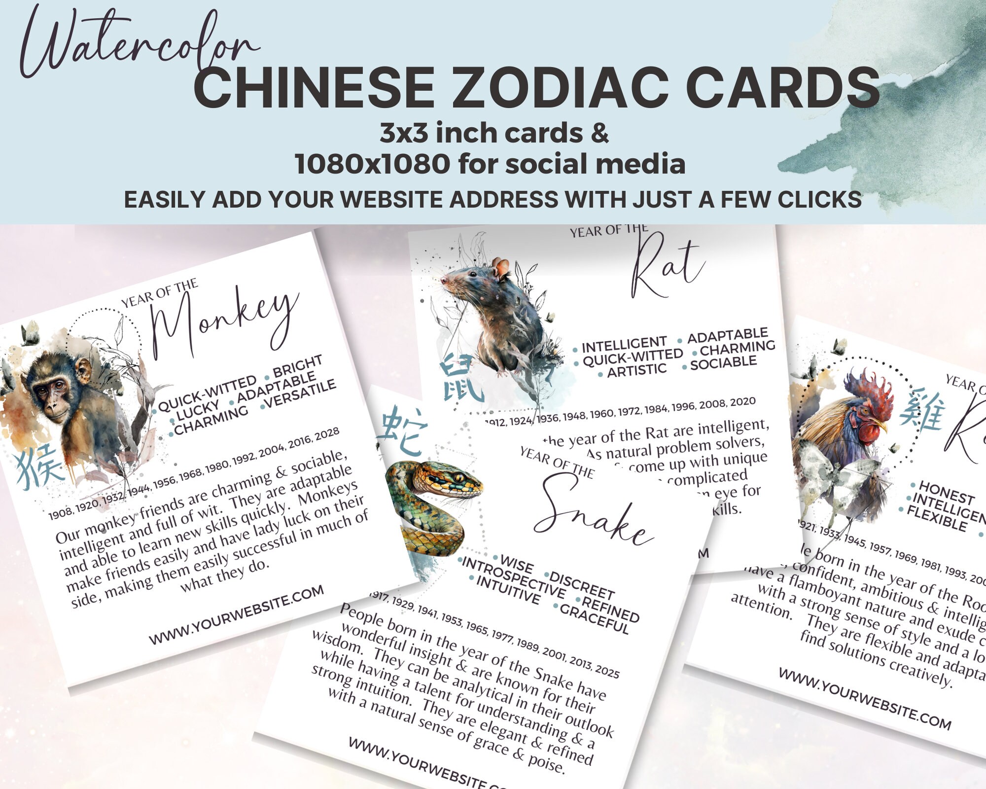 12 Chinese Zodiac Printable Cards Watercolor Chinese - Etsy