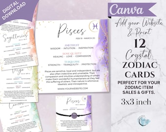 Crystal Zodiac Cards, Printable Zodiac Cards with Birthstones, Zodiac Crystals, Editable Star Sign Cards, Canva Zodiac Crystal Insert Cards