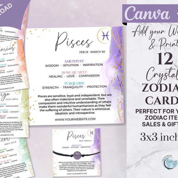 Crystal Zodiac Cards, Printable Zodiac Cards with Birthstones, Zodiac Crystals, Editable Star Sign Cards, Canva Zodiac Crystal Insert Cards