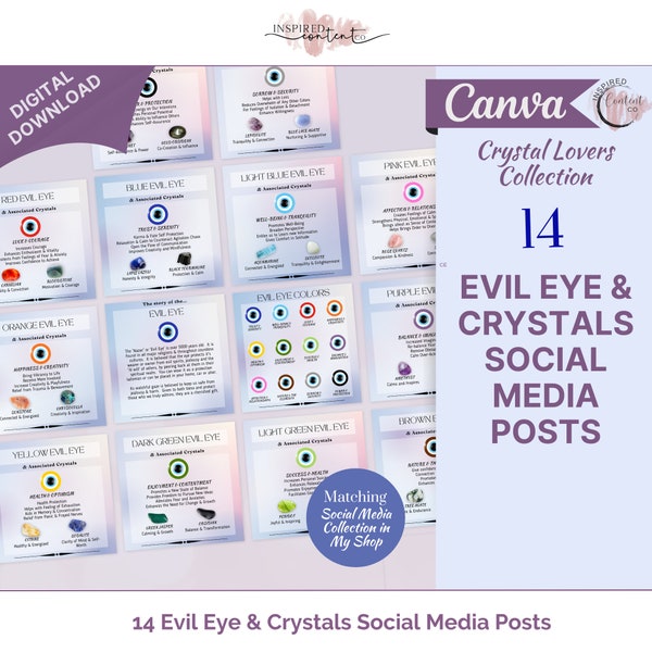 Evil Eye and Crystals Posts, Nazar Evil Eye Meaning with Healing Crystals Social Media, Evil Eye Poster, Spiritual Instagram Posts in Canva