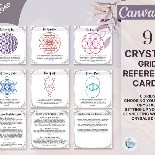 Grid for Crystals, Printable Grid Cards, Chakra Crystal Grid for Manifestation and Intention setting, Reiki Flower of Life, Sacred Geometry