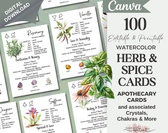 100 Herb & Spice Crystal Cards, Apothecary herb meaning cards, Editable Herbalism Plant Cards, Botanical info cards, printable herbarium