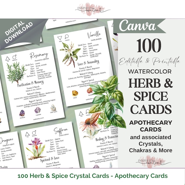 100 Herb & Spice Crystal Cards, Apothecary herb meaning cards, Editable Herbalism Plant Cards, Botanical info cards, printable herbarium