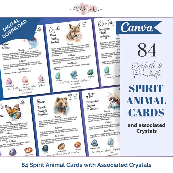 84 Spirit Animal and Crystal Card Collection, Ditigal Totem Animal Cards, Editable in Canva, Animal Guide Oracle Cards & associated crystals