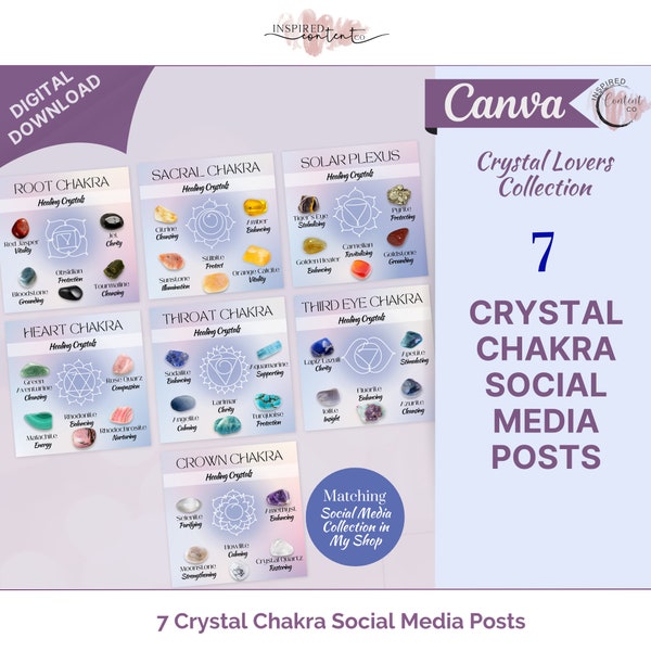 Chakra & Crystals Posts, Chakra Social Media Posts with Crystals, Spritiual Instagram Canva Template, Crystal Chakras Social Media Template