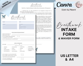 Breathwork Intake Form and Liability Waiver Form, Breath Journey Client Waiver, Editable Canva Intake Form Template, Waiver of Liability