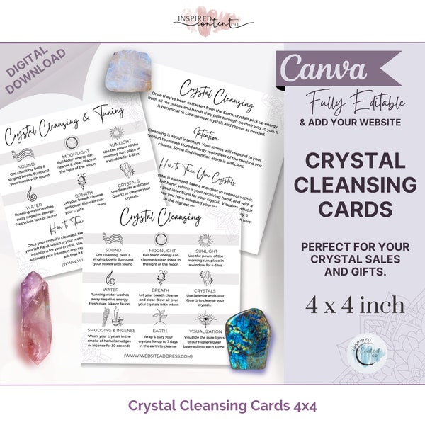 Editable Crystal Cleansing Cards, Crystal Insert Cards, How to Cleanse Your Crystals, Crystal Gift Insert Cards, Crystal Cleansing & Care