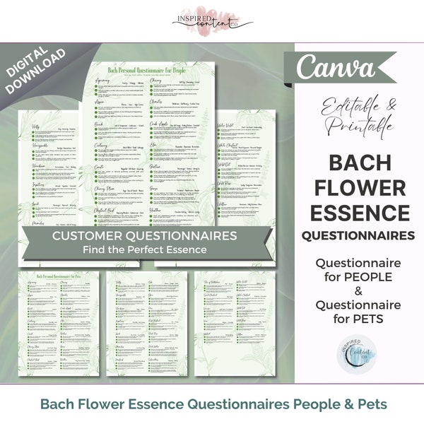 Bach Flower Essence Questionnaire Sheet for People & Pets / Animals - Bach Homeopathic Guide, Bach Questionnaire - Canva, PDF and PNG