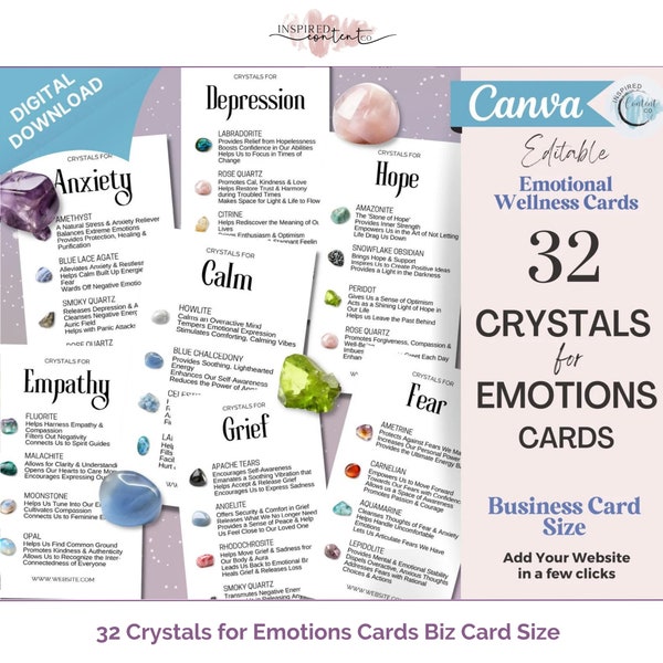 32 tarjetas de kit de cristal para emociones, conjuntos de tarjetas de cristal, conjuntos de cristales emocionales editables, cristales para principiantes para tarjetas de referencia de curación energética