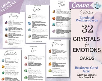 32 Crystals for Emotions Cards, Editable Crystal Kit Cards Set Business Card Size, Crystals for Emotional Wellbeing, Crystal Info Cards