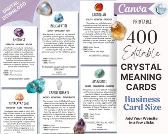 400 Business Card - Crystal Meaning Cards, Printable Gemstone Meaning Cards, Crystal Cards with Meaning of Stones, Editable in Canva