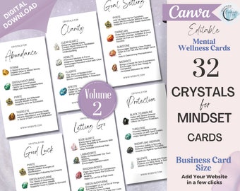 32 Crystals for Mindset Cards, Editable Crystal Kit Cards Set Business Card Size, Crystals for Mental Wellbeing, Crystal Set Info Cards