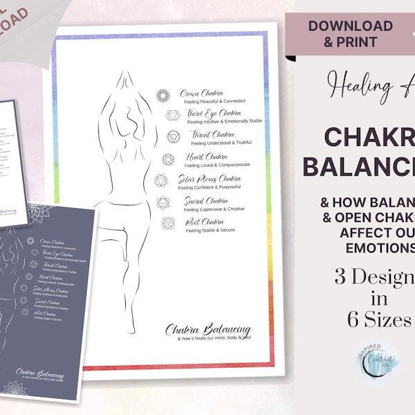 Healing Art: Seven Chakra Balancing Print, Energy Healing Spiritual Wall Art, Chakra Healing Emotions Poster, Woman Silhouette Art, Yoga Art