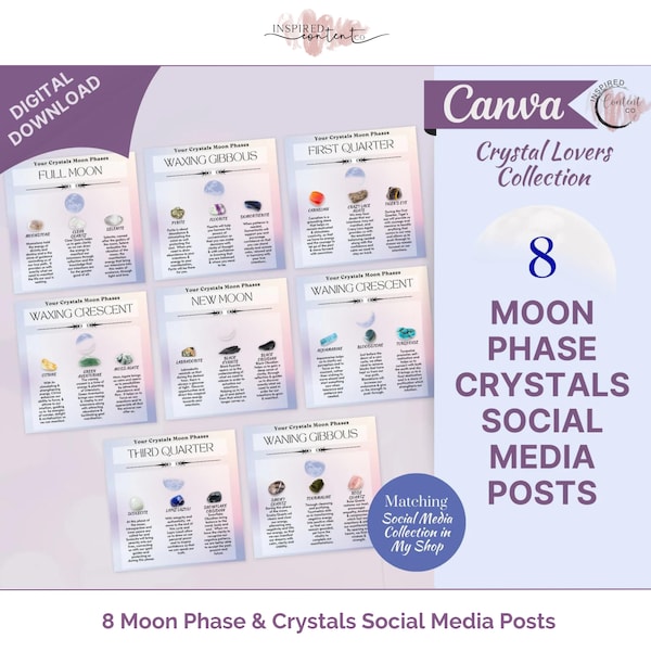 Moon Phase Crystals Posts, Crystal Purpose Social Media Posts, Spritiual Instagram Canva Template, Crystals and Uses Social Media Template