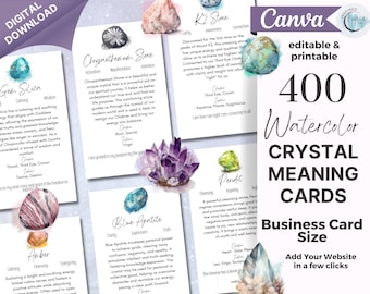 400 Editable Watercolor Crystal Meaning Cards, Printable Gemstone Meaning Cards, Crystal Cards with Meaning of Stones, Digital Gem Cards