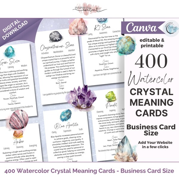 400 Editable Watercolor Crystal Meaning Cards, Printable Gemstone Meaning Cards, Crystal Cards with Meaning of Stones, Digital Gem Cards