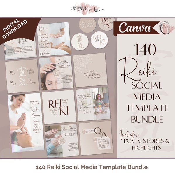 140 Reiki Social Media Bundle, Reiki Posts, Stories & Highlights, Reiki Template for Marketing Reiki Business, Spiritual Instagram in Canva