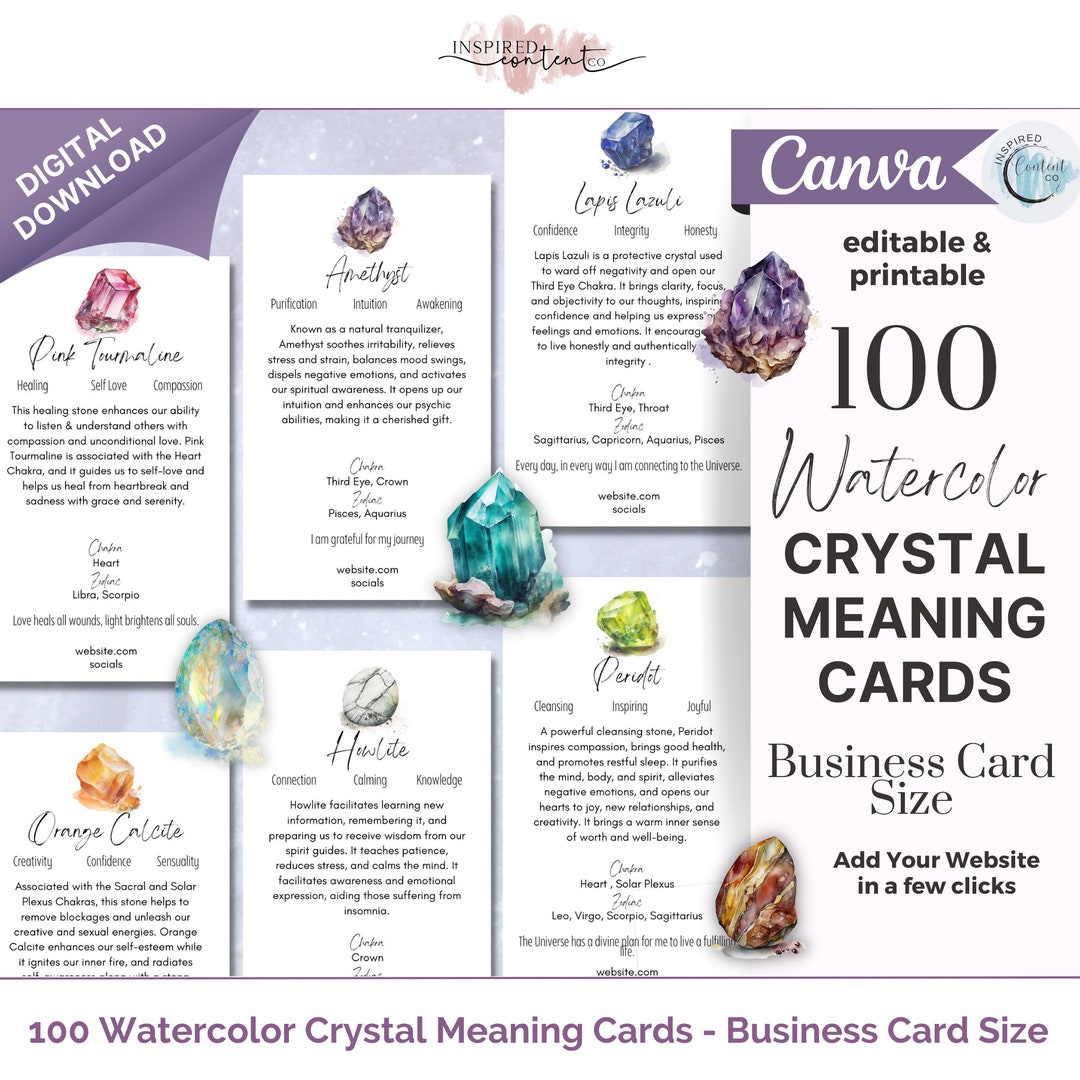 100 Editable Watercolor Crystal Meaning Cards, Printable Gemstone