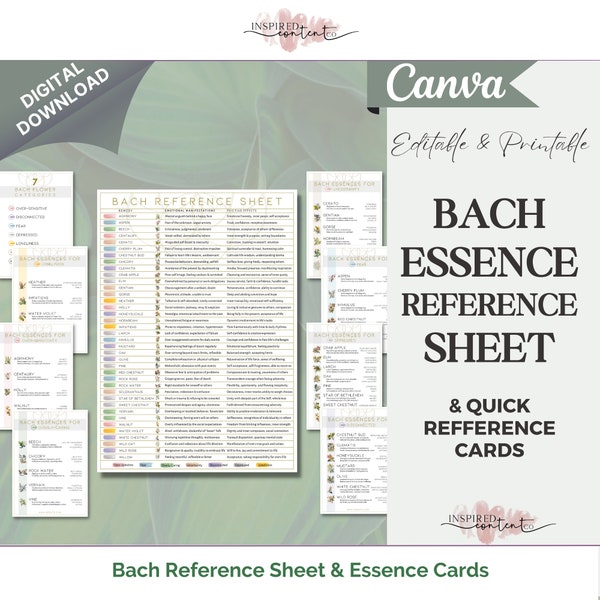 Fiche de référence et cartes de référence sur les essences de Bach, Aide-mémoire de remèdes de Bach, Tableau de référence facile à imprimer sur les essences de fleurs de Bach, modifiable