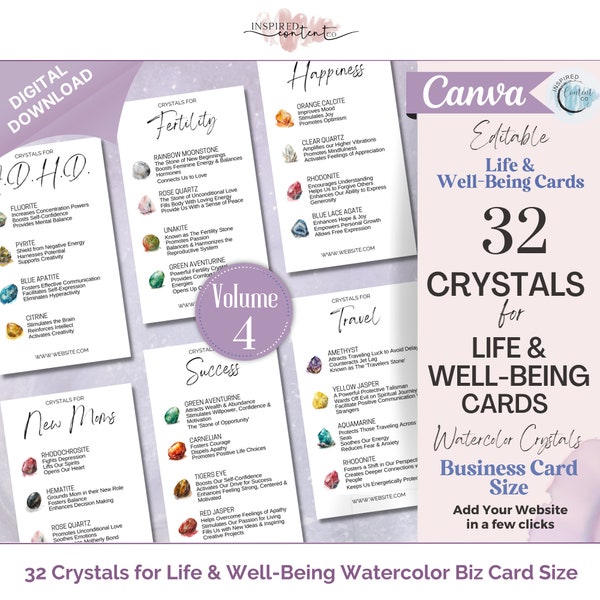 32 Crystals for Life & Well-Being Cards, Editable Crystal Kit Cards Set Business Card Size, Watercolor Crystals Inserts, Crystal Info Cards