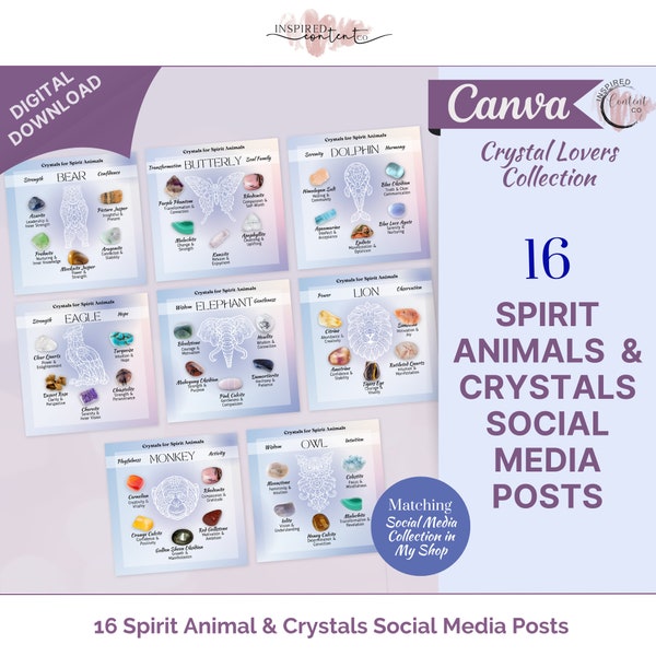 Spirit Animal Crystals Posts, Power Animal Social Media Posts, Spritiual Instagram Canva Template, Totem Animal & Associated Crystals Posts