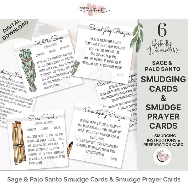 Smudging Cards,  Smudging Prayer Cards & Smudging Instructions Sage and Palo Santo, Printable Cards and Smudging Guide, Energy Cleansing Kit