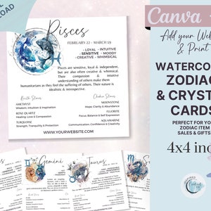 Printable Zodiac Crystals Cards- 12 Watercolor Art Horoscope & Crystal Cards, Editable Astrology Cards / Star Sign Cards, Zodiac Cards Canva