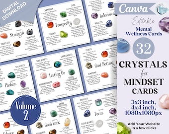 32 Crystals for Mindset Cards, Editable Crystal Kit Card Set - Canva, Printable Crystals for Mental Wellbeing, Social Media Crystal Posts