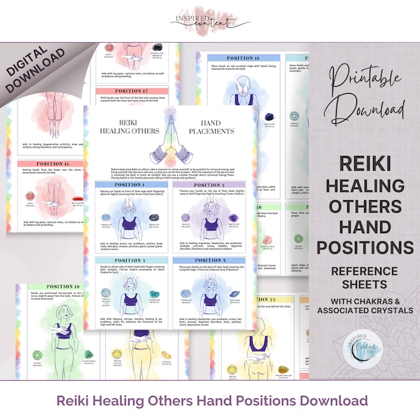 Positions des mains de guérison Reiki pour guérir les autres, tableau Reiki Usui, tableaux de guérison Reiki, référence de placement des mains Reiki, cristaux et chakras