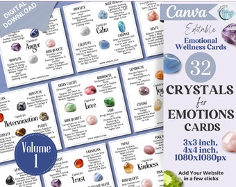 32 Crystals for Emotions Cards, Editable Crystal Kit Card Set -Canva, Printable Crystals for Emotional Wellbeing, Social Media Crystal Posts