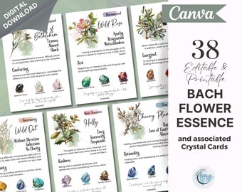 Bach Flower Cards with Crystals, Bach Remedy Healing Cards, Bach Flower Essence Crystal Cards, Printable Natural Healing Flower Card Canva