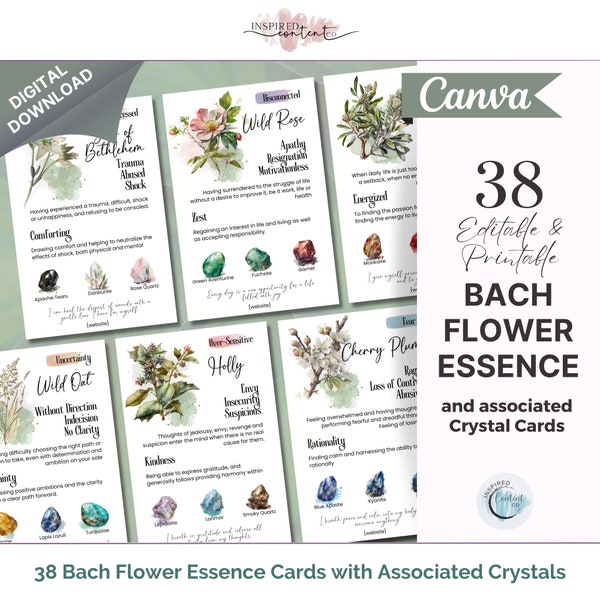 Bach bloemenkaarten met kristallen, Bach Remedy Healing Cards, Bach Flower Essence Crystal Cards, afdrukbare natuurlijke helende bloemenkaart Canva