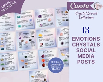 Emotions & Crystals Posts, Crystal Purpose Social Media Posts, Spritiual Instagram Canva Template, Crystals and Uses Social Media Template