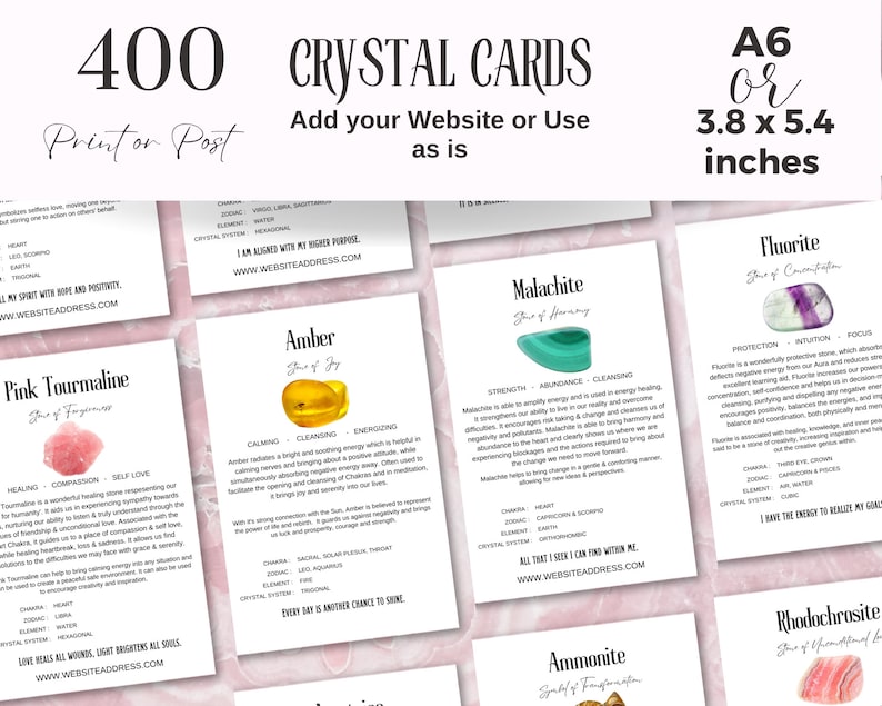 400 Editable Crystal Meaning Cards, Printable Gemstone Meaning Cards, Crystal Cards with Meaning of Stones, Digital Crystal Cards image 2