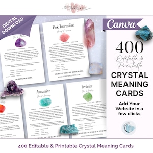 400 Editable Crystal Meaning Cards, Printable Gemstone Meaning Cards, Crystal Cards with Meaning of Stones, Digital Crystal Cards