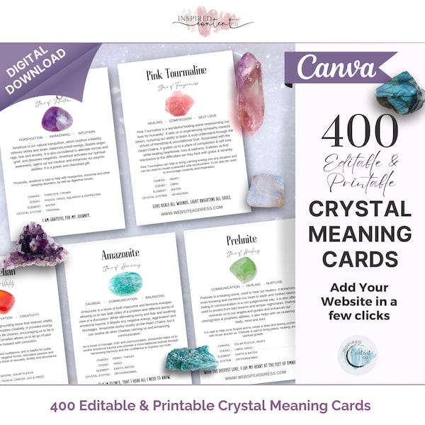 400 Editable Crystal Meaning Cards, Printable Gemstone Meaning Cards, Crystal Cards with Meaning of Stones, Digital Crystal Cards