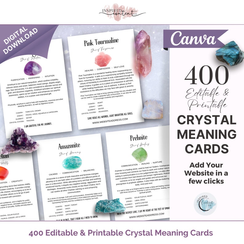 400 Editable Crystal Meaning Cards, Printable Gemstone Meaning Cards, Crystal Cards with Meaning of Stones, Digital Crystal Cards image 1