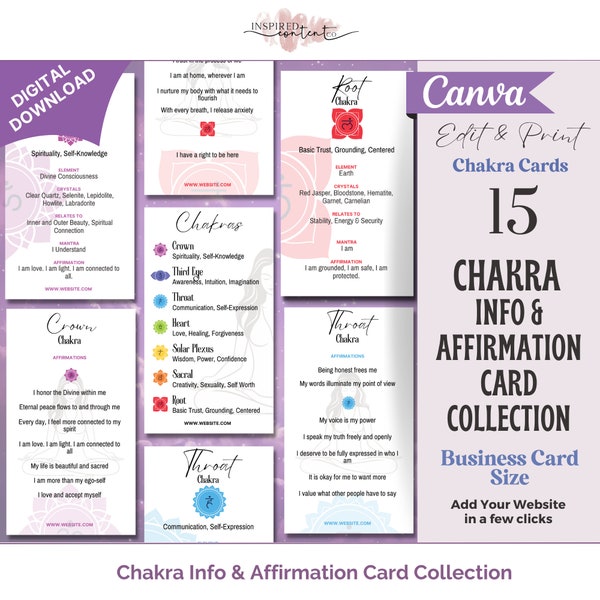 15 Chakra Info & Affirmation Cards - Printable Chakra Card Set, Canva Editable Seven Chakras Deck, Reiki Chakra Affirmations, Biz Card Size