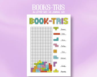 May include: A printable book tracker with a Tetris-style design. The tracker is labeled "BOOK-TRIS" and includes categories for romance, thriller, horror, fantasy, crime, historical, comedy, and biography.