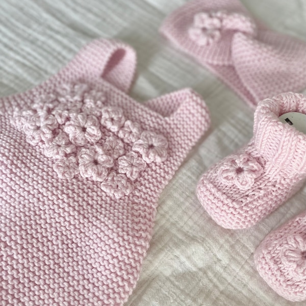 Handgestricktes Baby-Strampler-Set, handgestricktes Stirnband, gestrickte Babysocken, Babymädchen-Kleidung, gestrickter Baby-Body, Baby-Coming-Home-Outfit