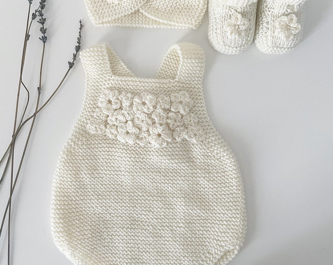 Hand Knitted Baby Romper Set, Hand Knitted Headband, Knitted Baby Socks, Babygirl Clothes, Knitted Baby Bodysuit, Baby Coming Home Outfit