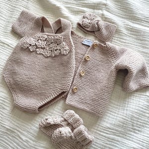 Knitted Baby Romper Set, Knit Baby Cardigan, Hand Knitted Headband, Knitted Baby Socks, Handmade Baby Bodysuit, Baby Coming Home Outfit